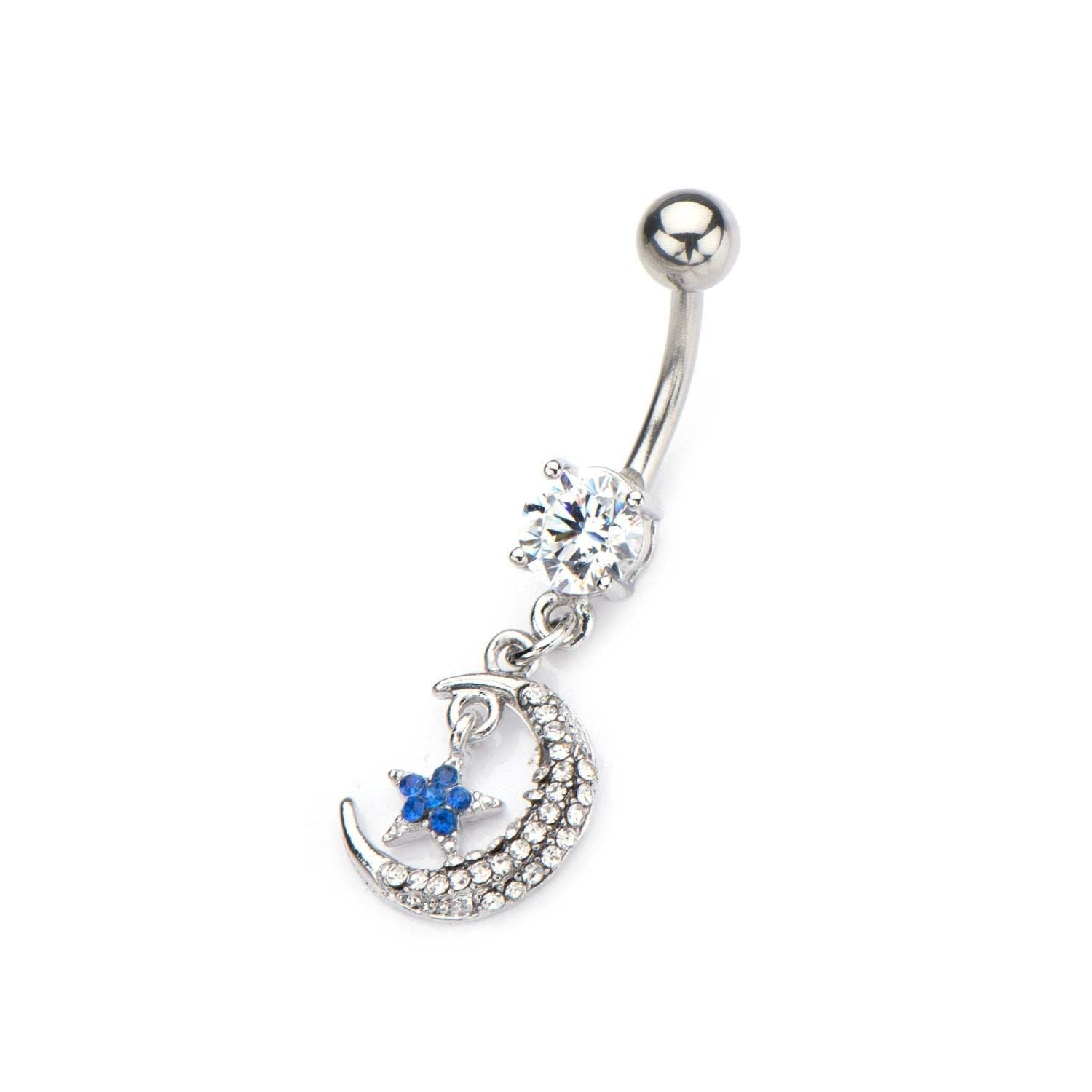 TBD-Belly 14g 38 Navel in Clear CZ Gem Crescent Moon Blue CZ Gem Star Dangle Charm -Rebel Bod-RebelBod