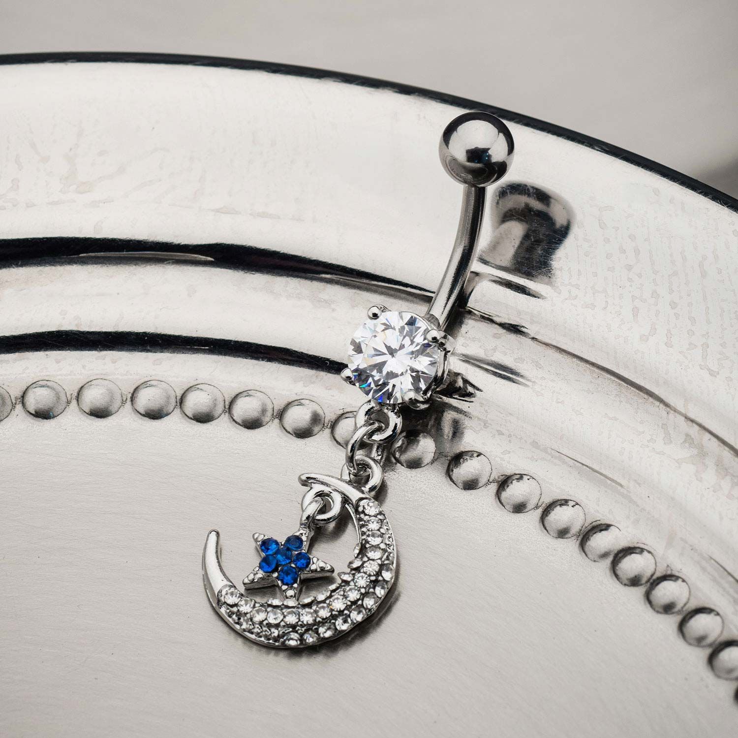 TBD-Belly 14g 38 Navel in Clear CZ Gem Crescent Moon Blue CZ Gem Star Dangle Charm -Rebel Bod-RebelBod