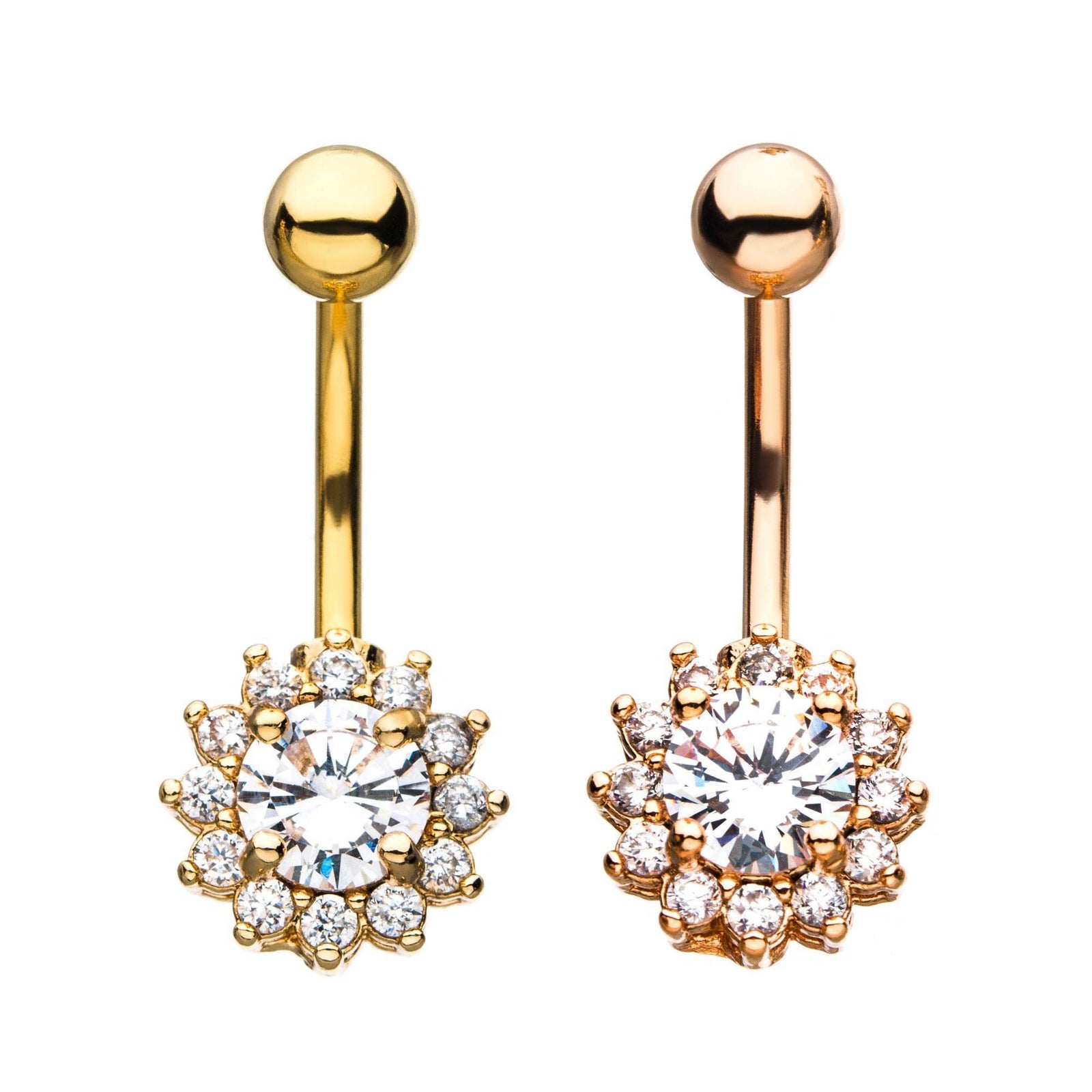 14g 7/16 Gem Drop Burst Navel Bar upside down CZ Tear Drop Gem surrounding Clear CZ gems