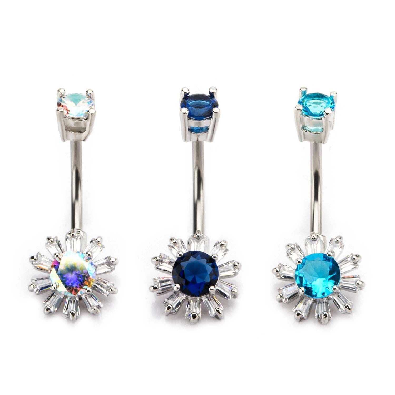 14g 7/16 Belly Ring Prong Set CZ Gems Flower Fixed Charm