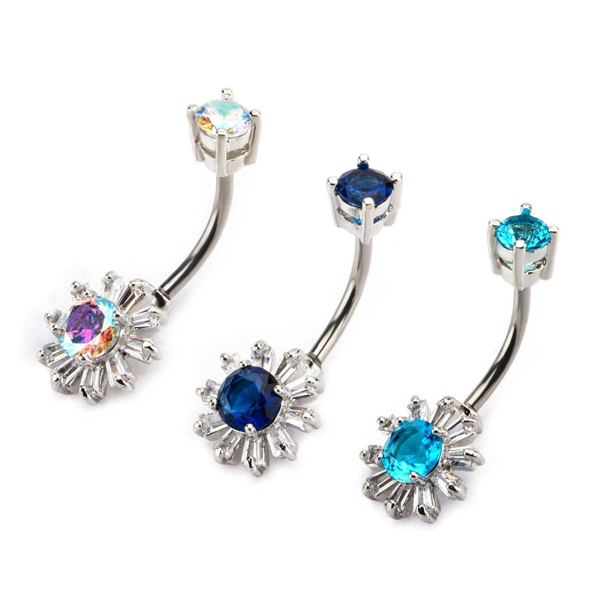 14g 7/16 Belly Ring Prong Set CZ Gems Flower Fixed Charm