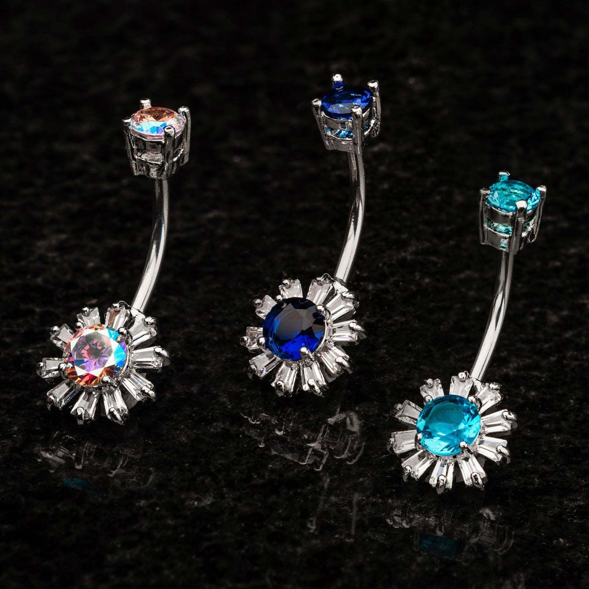14g 7/16 Belly Ring Prong Set CZ Gems Flower Fixed Charm