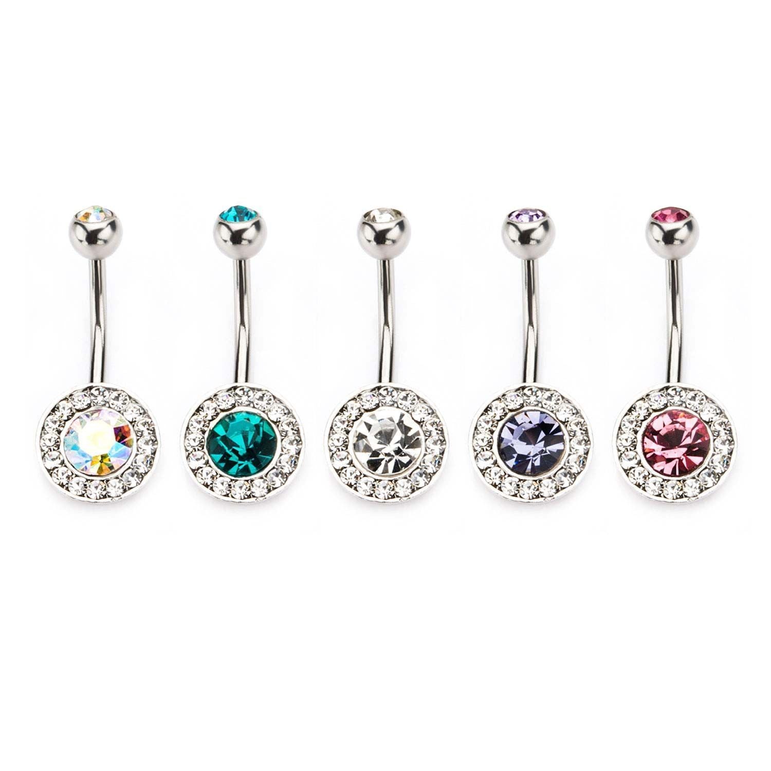 14g 7/16 Navel w/ Round CZ Gem Fixed Charm. Made of Surgical Steel. sbvbn4312