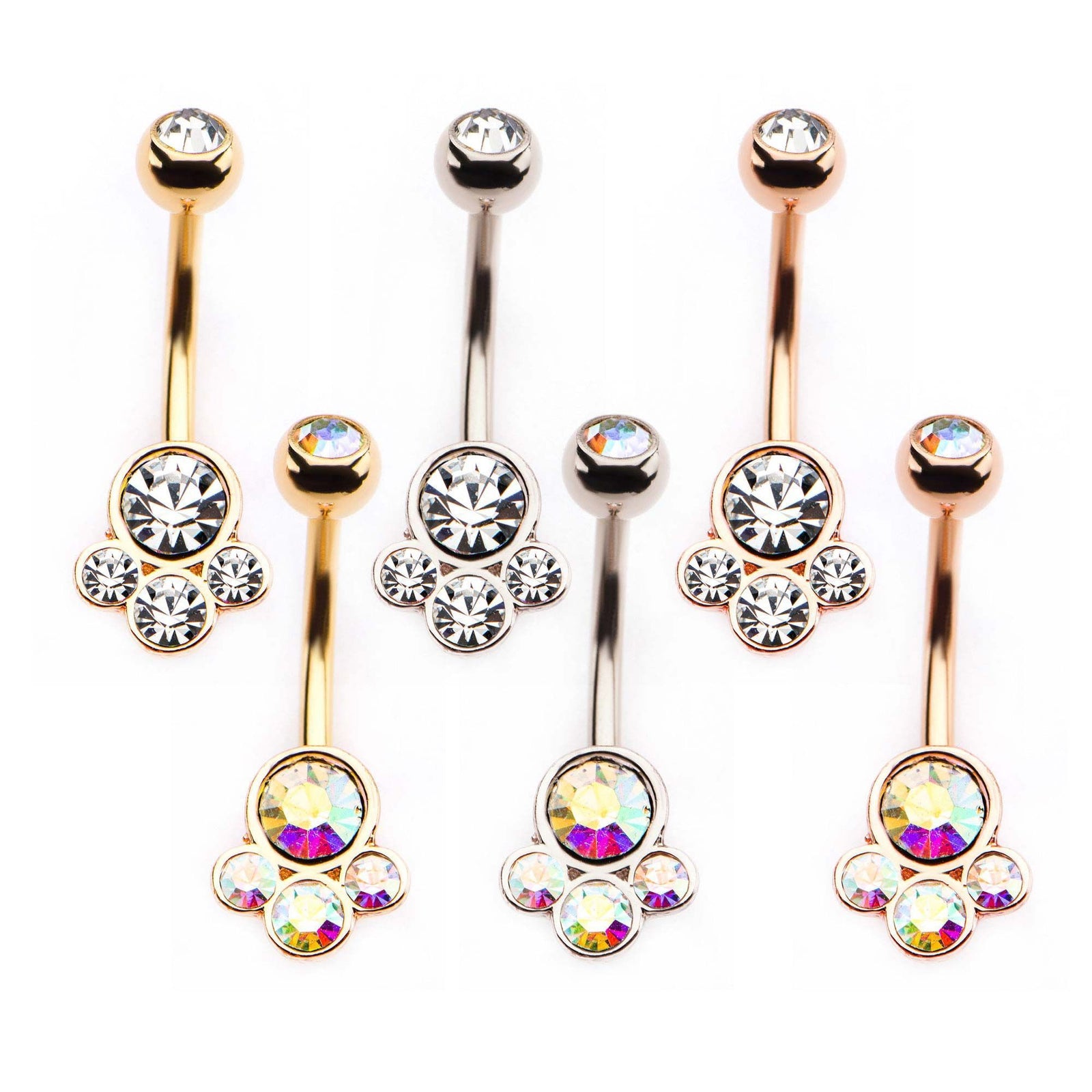 14g 9/16 9mm 1 Round Big CZ and 3 Small CZ Fixed Belly Ring