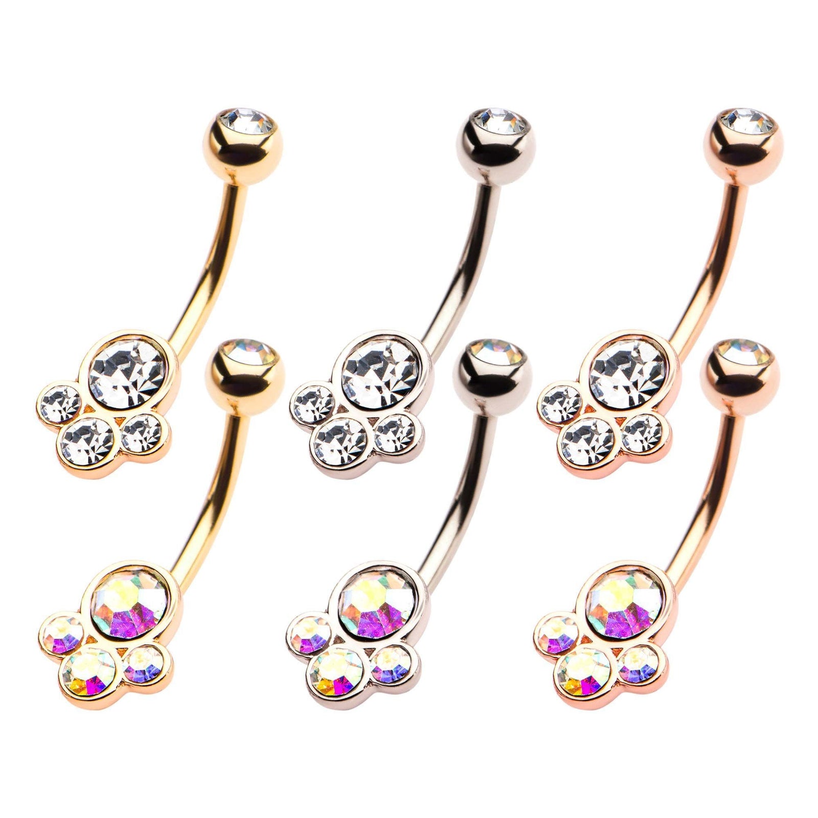 14g 9/16 9mm 1 Round Big CZ and 3 Small CZ Fixed Belly Ring