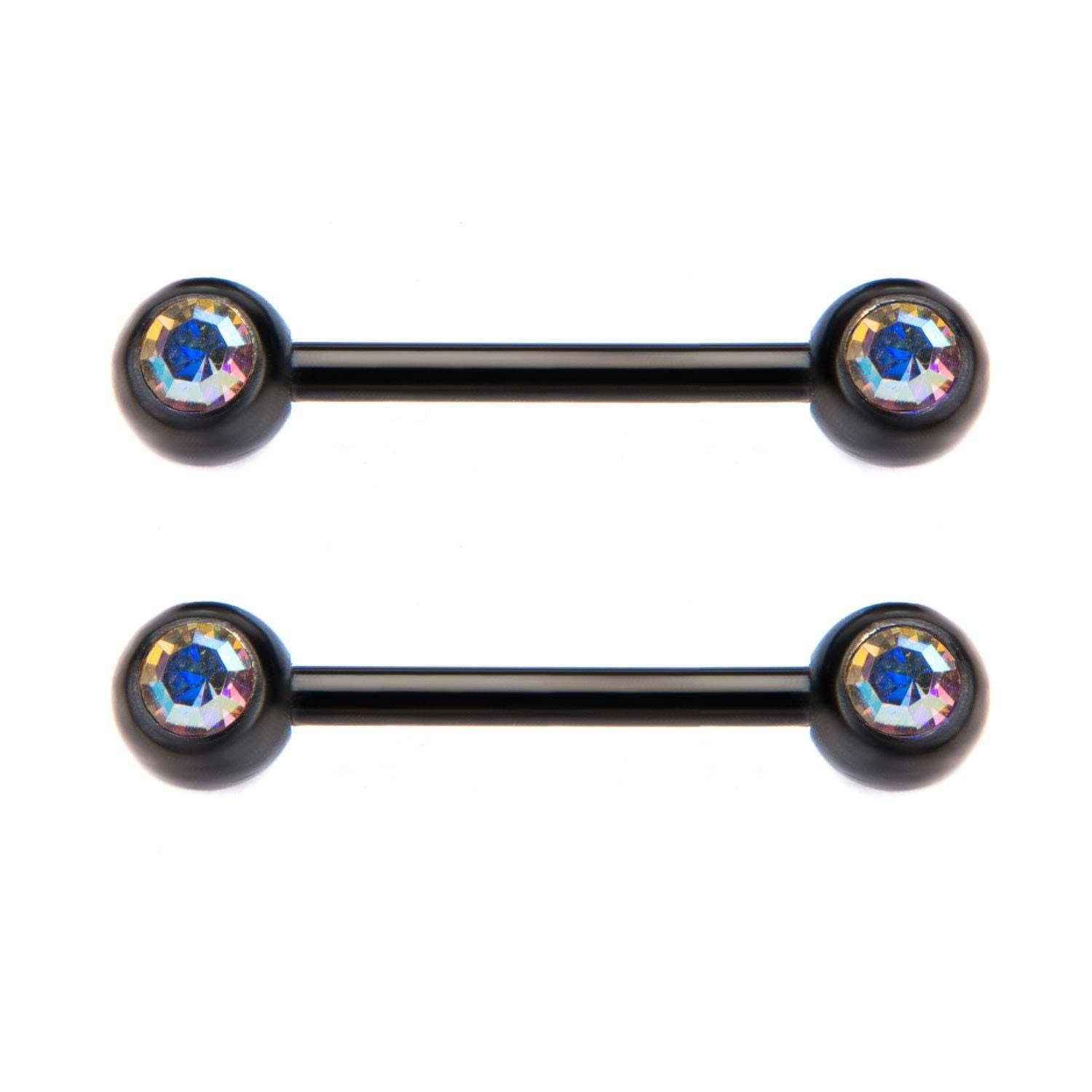TBD-Nipple 14g 9/16" Black Purple Titanium Plated Nipple Barbell Forward Facing Bezel Set 5mm Double Aurora Borealis CZ's Gem -Rebel Bod-RebelBod
