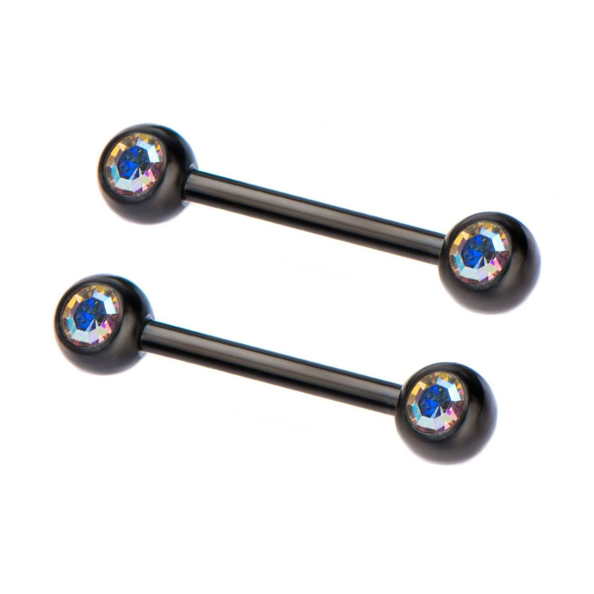 TBD-Nipple 14g 9/16" Black Purple Titanium Plated Nipple Barbell Forward Facing Bezel Set 5mm Double Aurora Borealis CZ's Gem -Rebel Bod-RebelBod