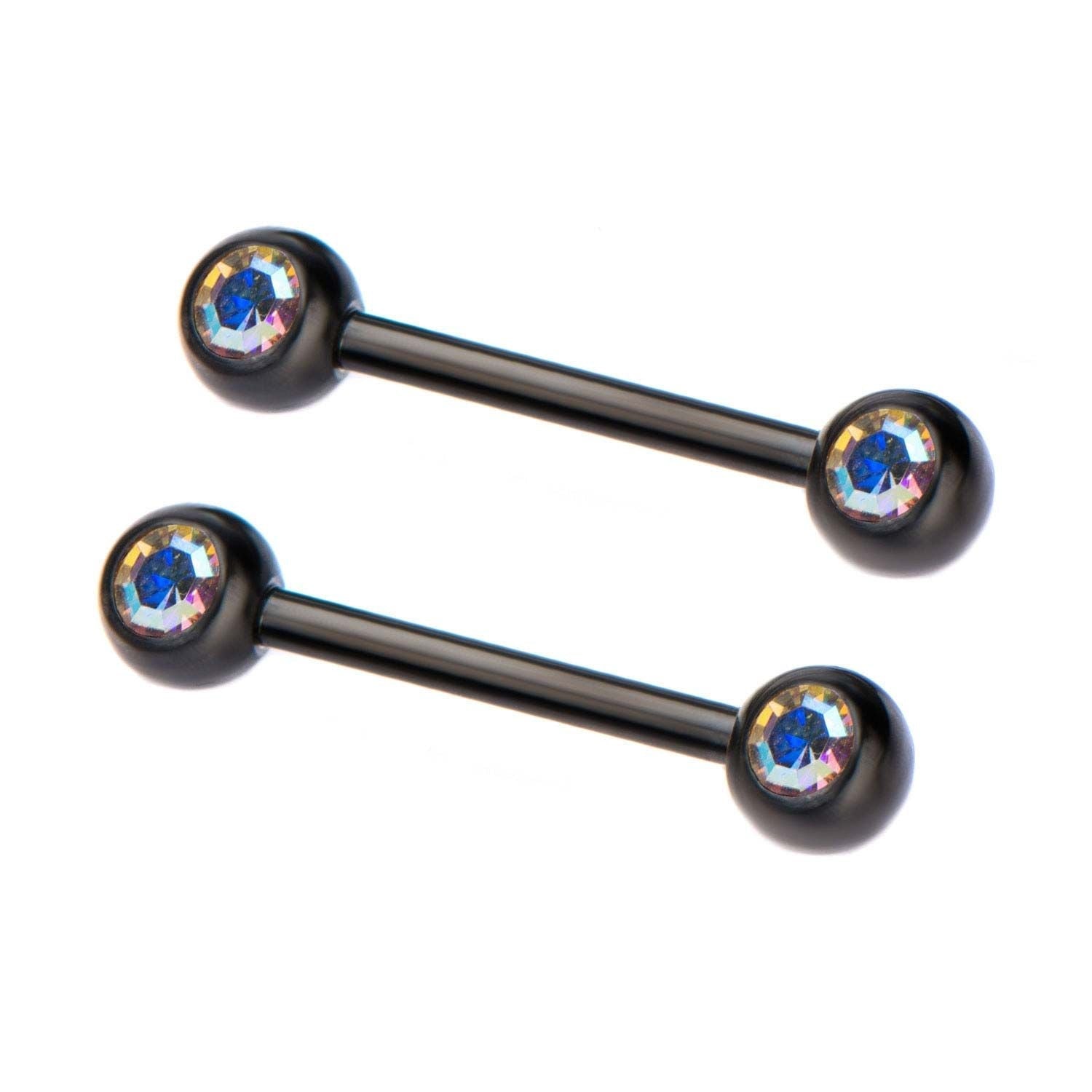 TBD-Nipple 14g 9/16" Black Purple Titanium Plated Nipple Barbell Forward Facing Bezel Set 5mm Double Aurora Borealis CZ's Gem -Rebel Bod-RebelBod
