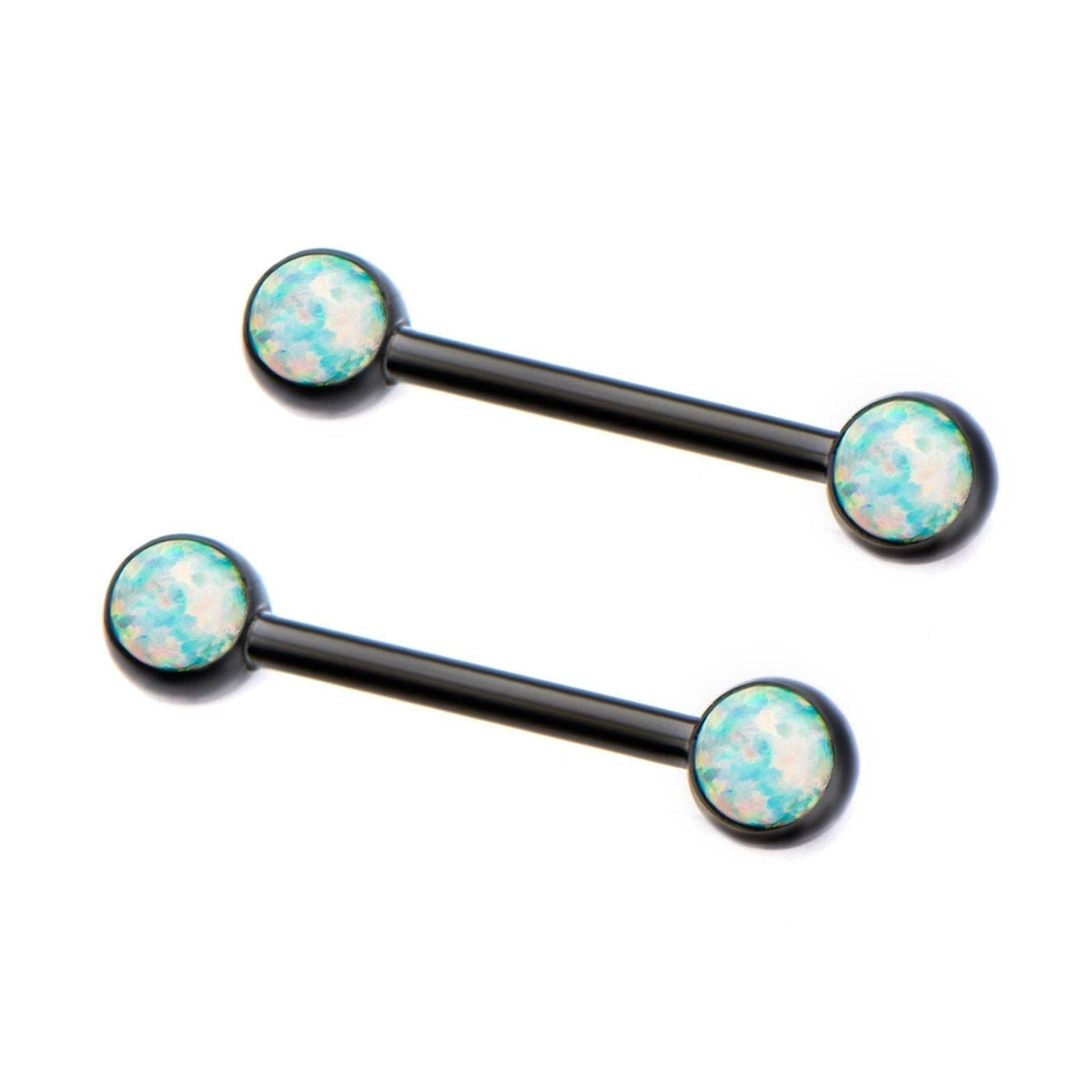 TBD-Nipple 14g 9/16" Black Purple Titanium Plated Nipple Barbell Forward Facing Bezel Set 5mm Double Synthetic White Opal Gem -Rebel Bod-RebelBod