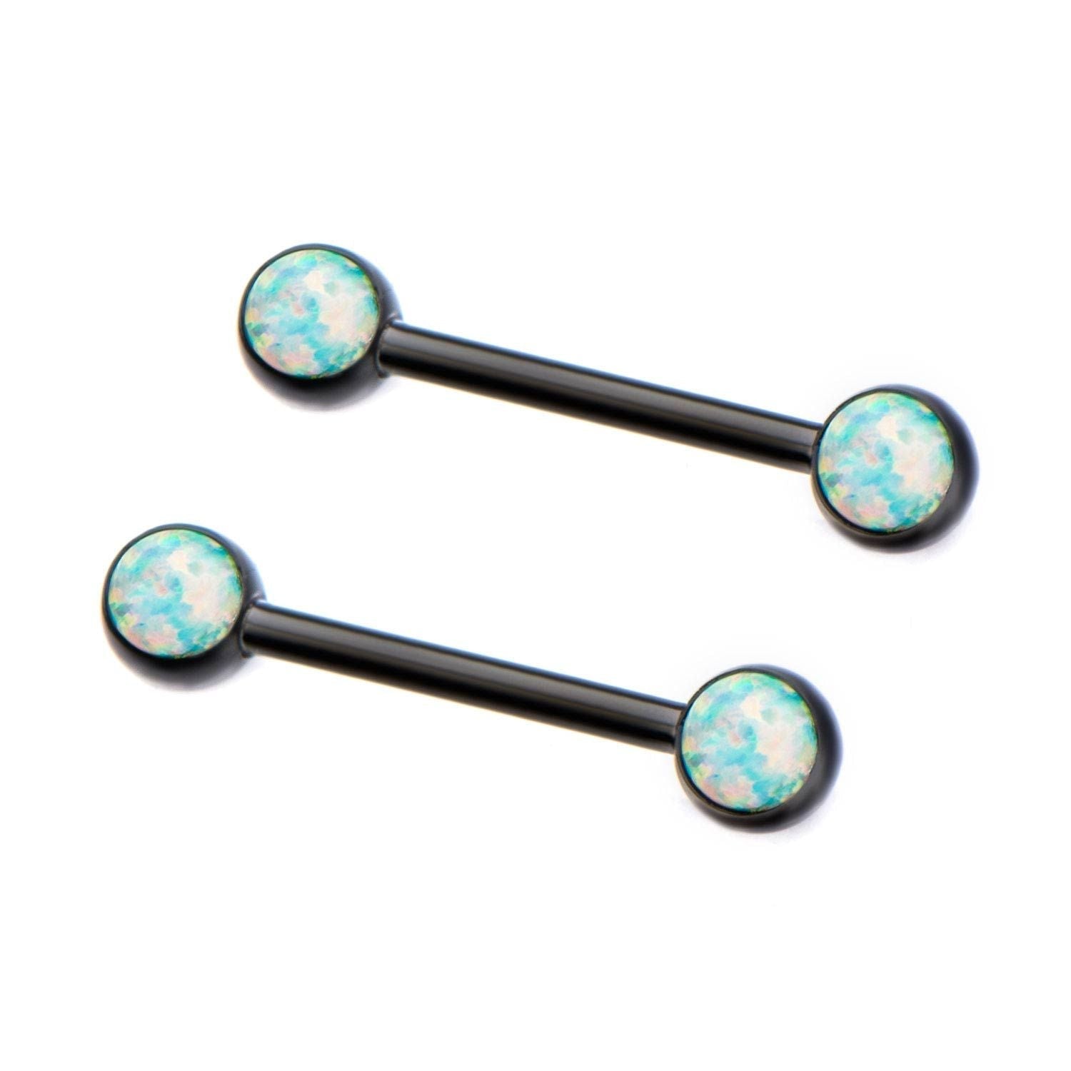 TBD-Nipple 14g 9/16" Black Purple Titanium Plated Nipple Barbell Forward Facing Bezel Set 5mm Double Synthetic White Opal Gem -Rebel Bod-RebelBod