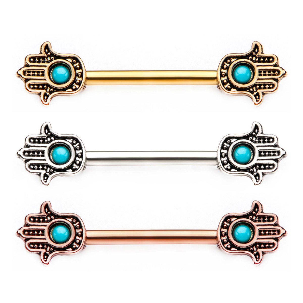 14g 9/16 Forward Facing Hamsa and Turquoise Nipple Barbells w/ 6.8mm ends. - 1 Pair sbvnp457hmsa