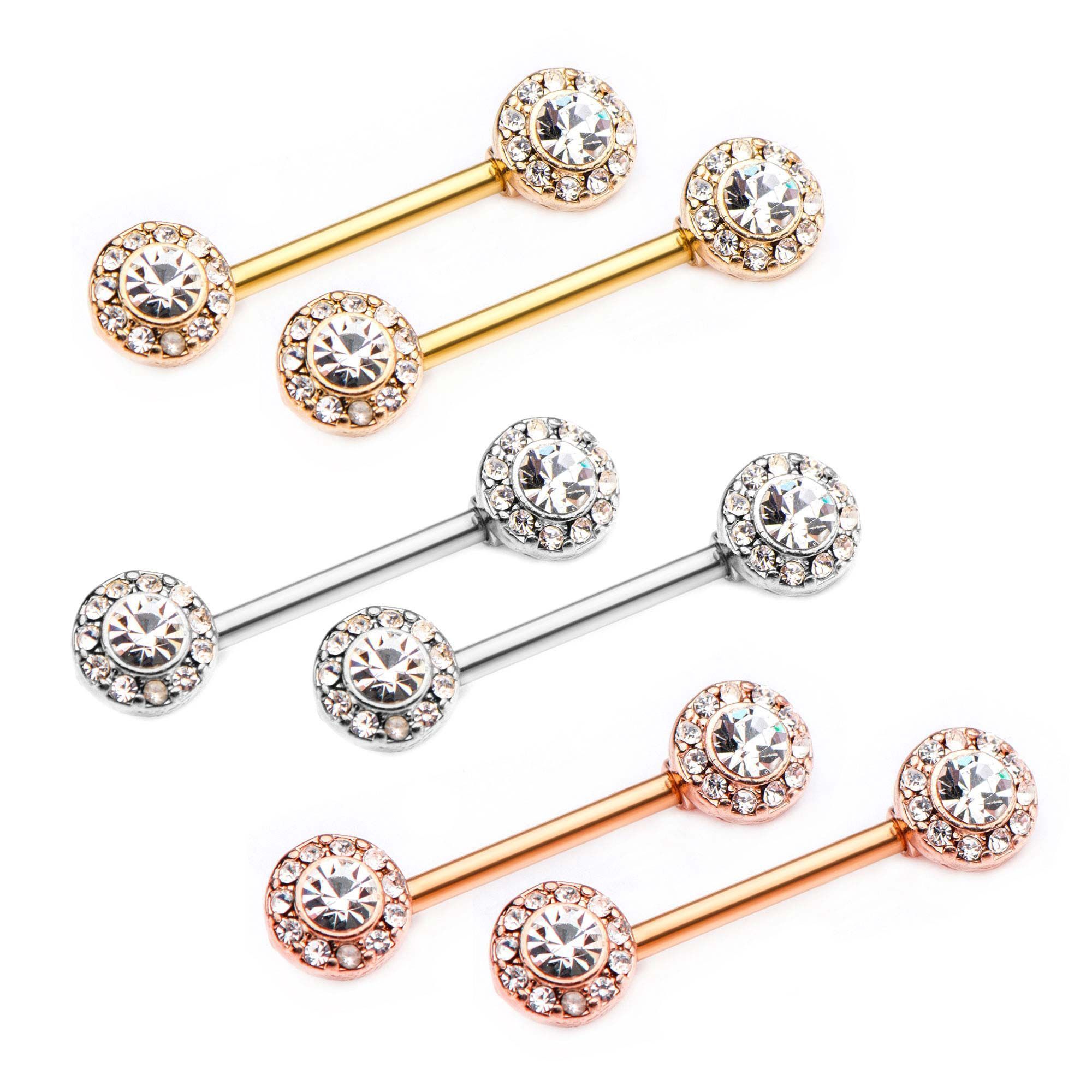 Nipple Barbell 14g 9/16 Forward Facing Outrim Clear CZ Nipple Barbells with 6.5mm ends - 1 Pair sbvnp457rndc -Rebel Bod-RebelBod