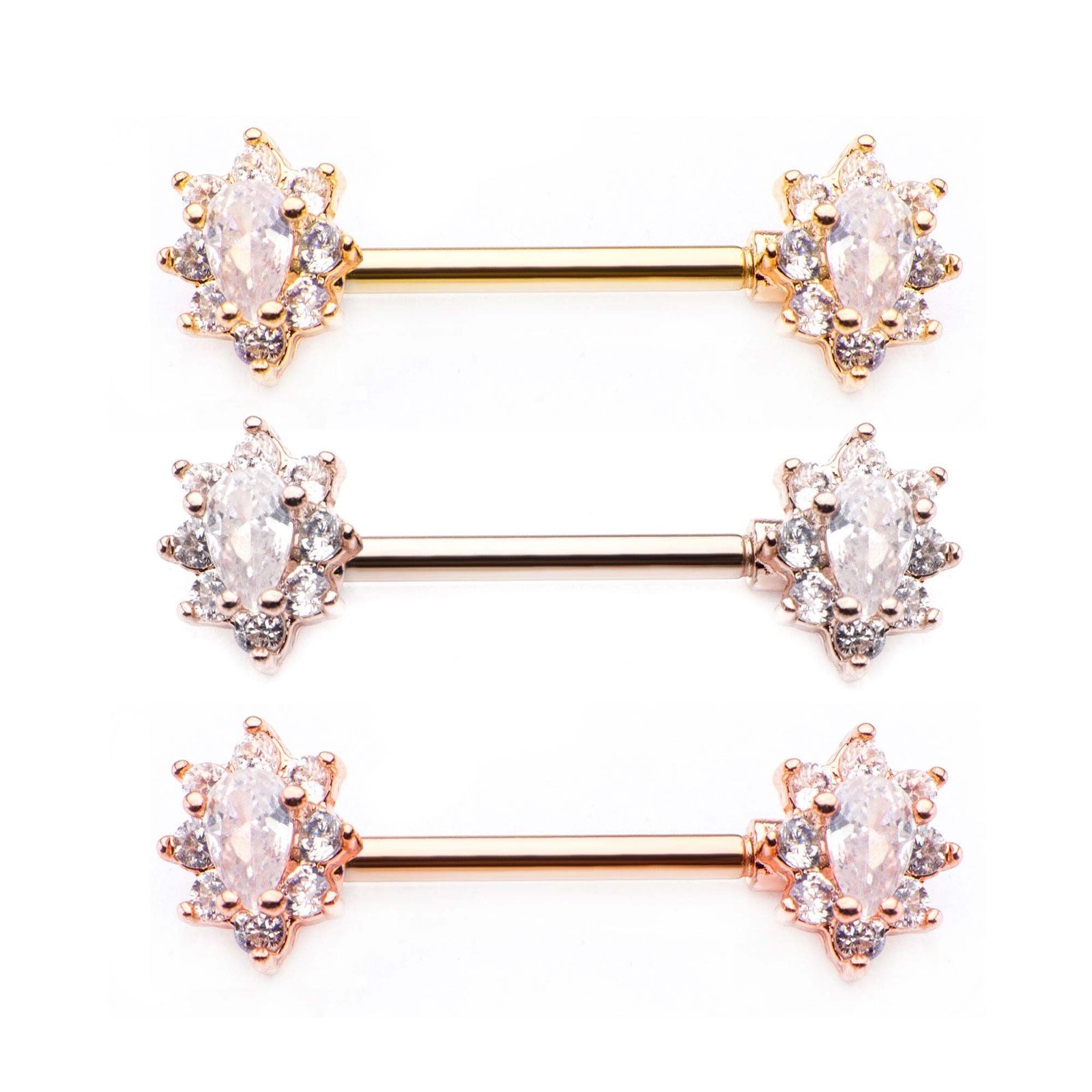 14g 9/16 Forward Facing Oval Cluster Clear CZ Nipple Barbells w/ 8.9mm ends. - 1 Pair sbvnp45713