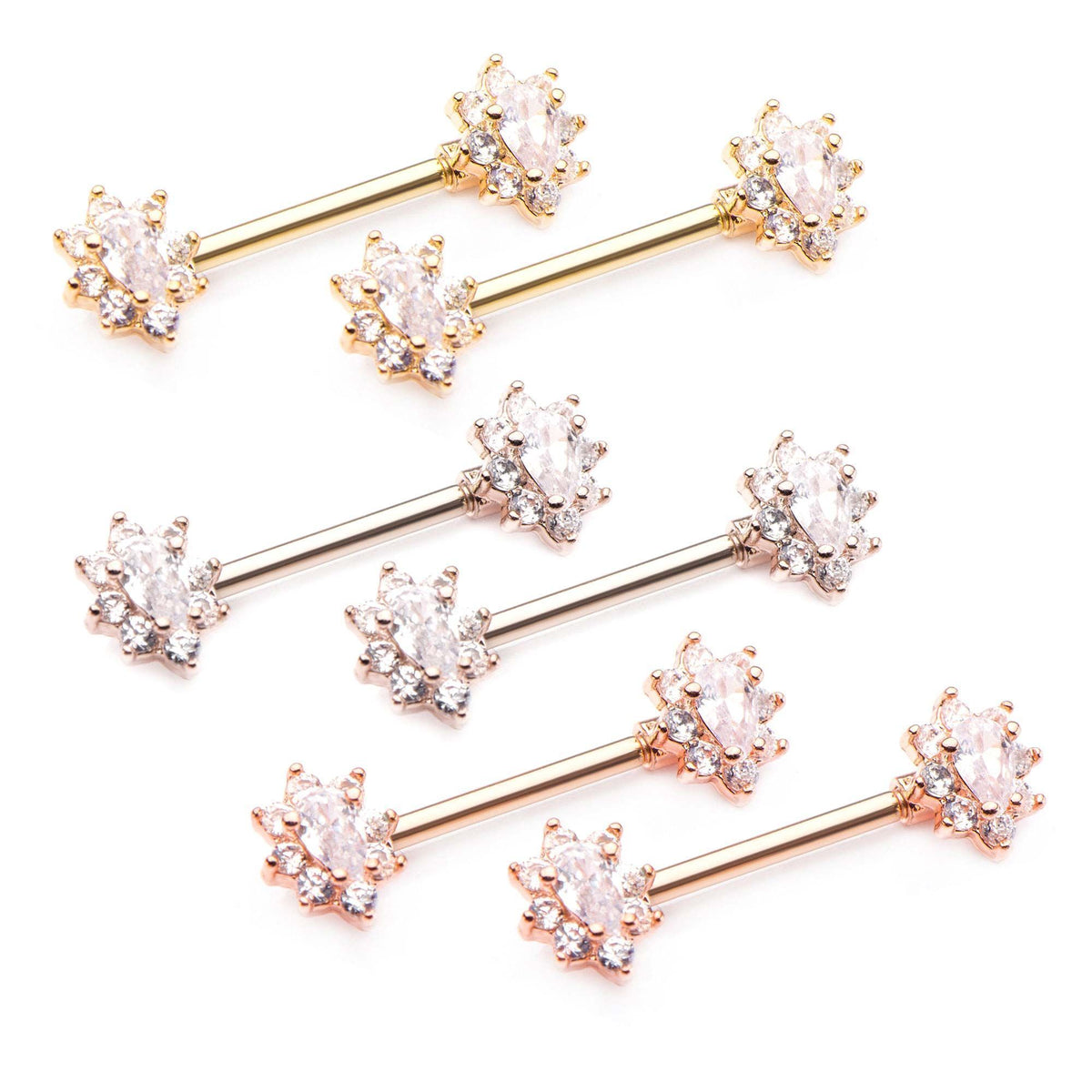14g 9/16" Nipple Barbells Forward Facing Oval Cluster Clear CZ 8.9mm ends - 1 Pair