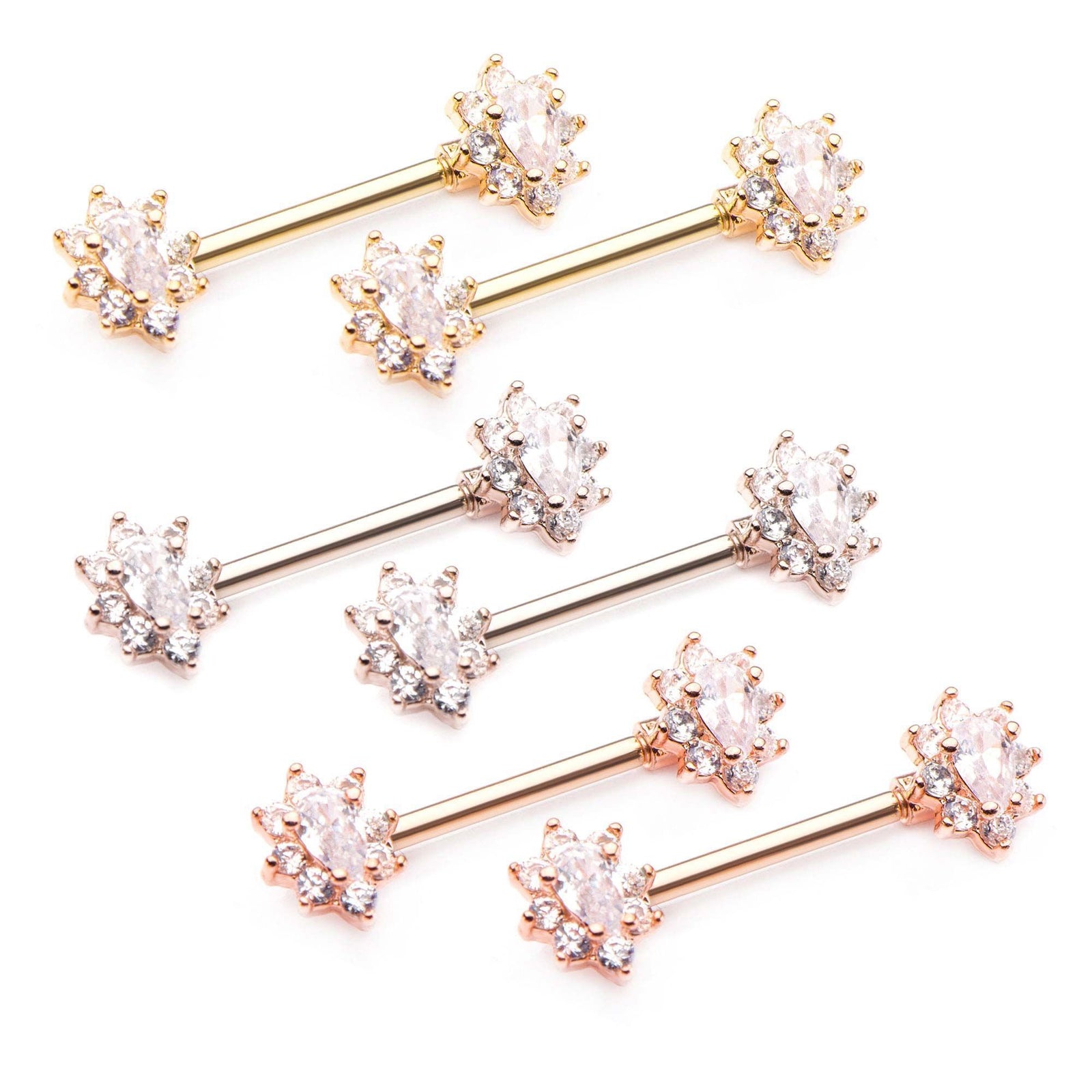 14g 9/16" Nipple Barbells Forward Facing Oval Cluster Clear CZ 8.9mm ends - 1 Pair