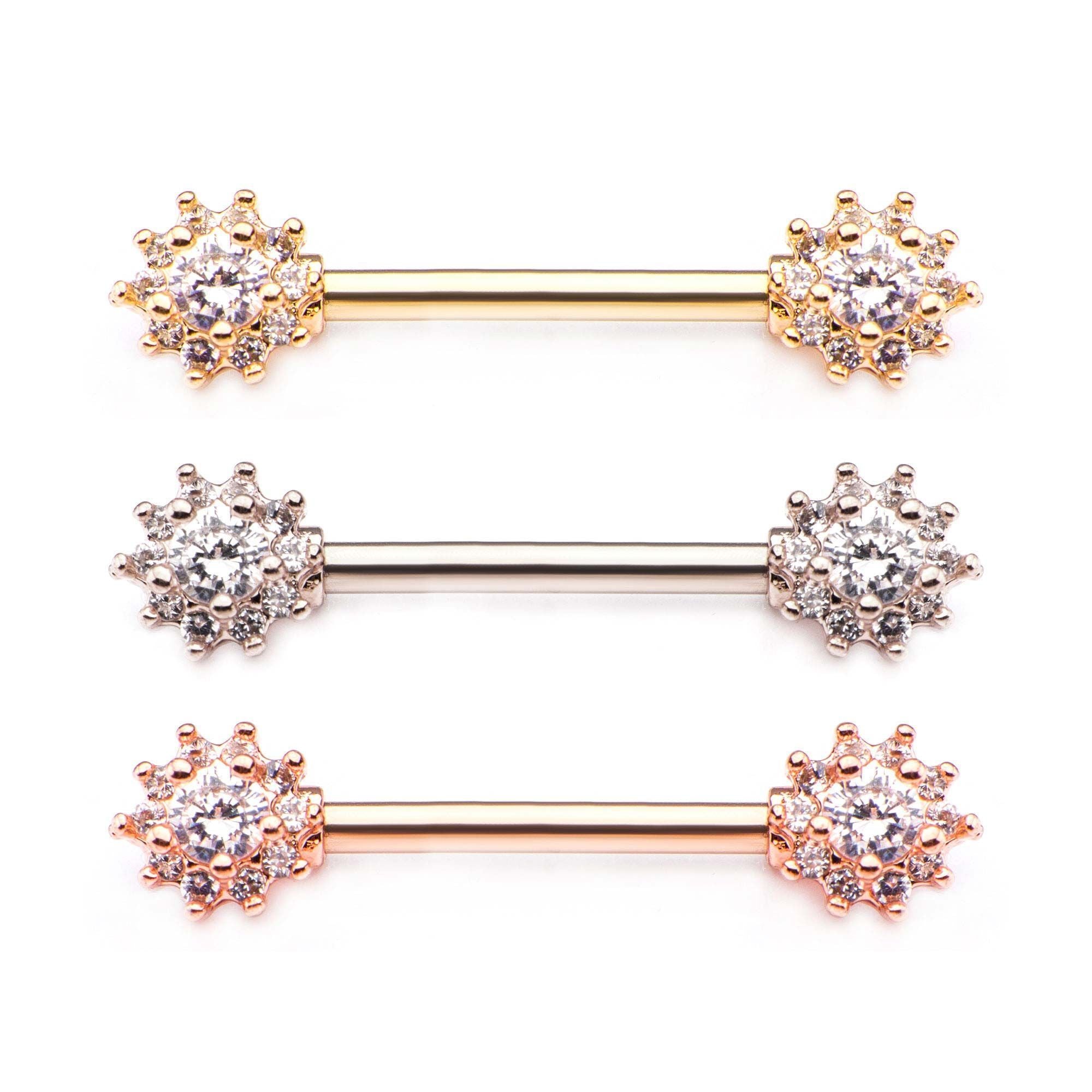 14g 9/16 Forward Facing Round Clear CZ Flower Cluster Nipple Barbells w/ 6mm ends. - 1 Pair sbvnp45711
