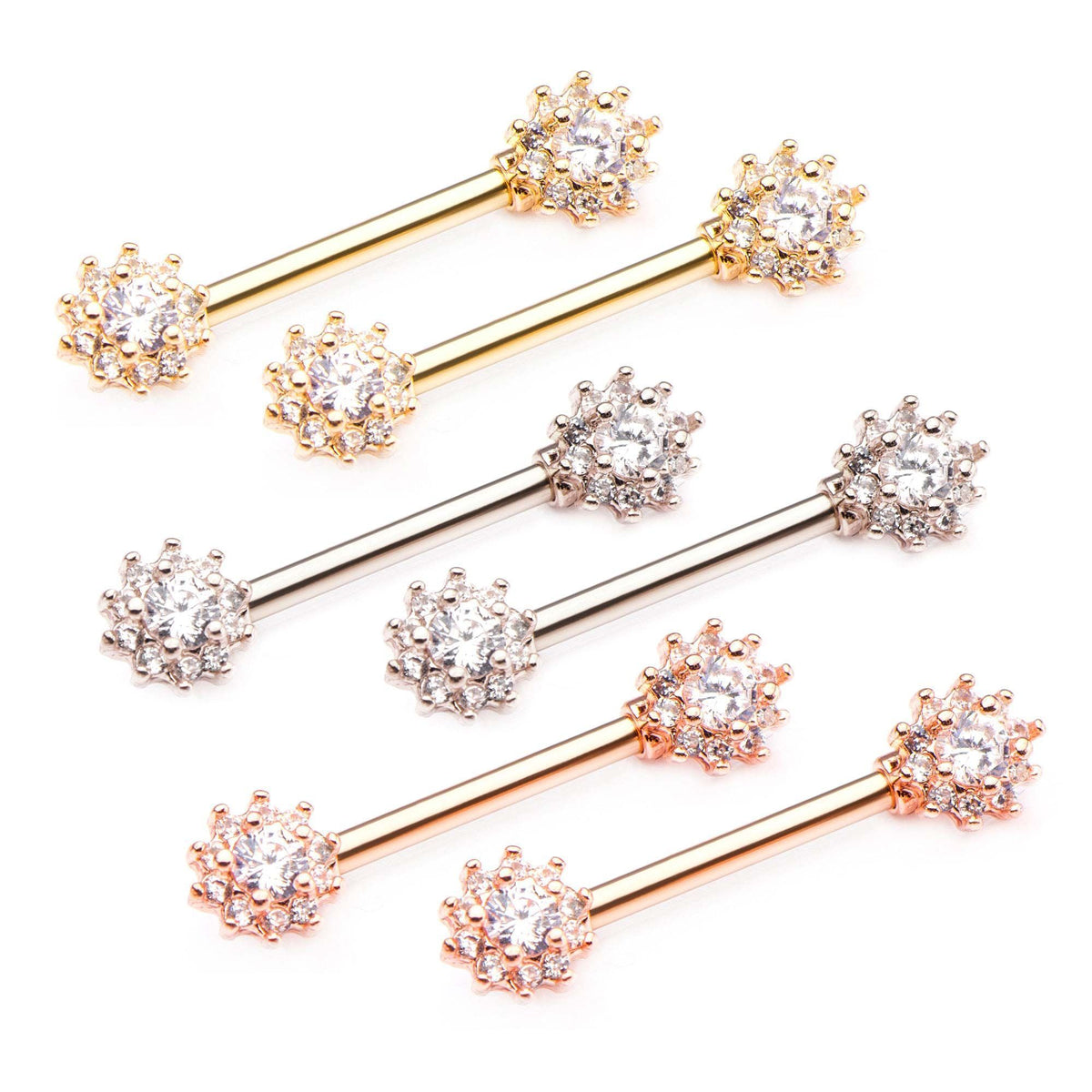 14g 9/16" Nipple Barbells Forward Facing Round Clear CZ Flower Cluster 6mm ends - 1 Pair