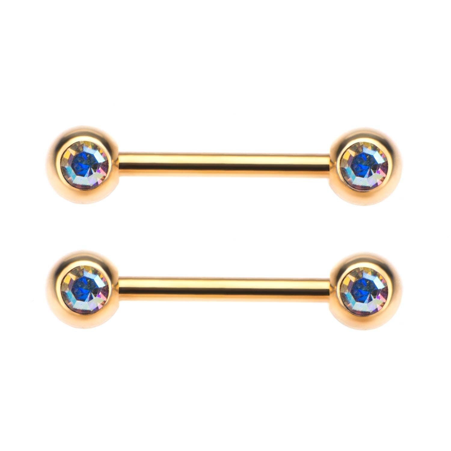 TBD-Nipple 14g 9/16" Gold PVD Nipple Barbell Forward Facing Bezel Set 5mm Double Aurora Borealis CZ's Gem -Rebel Bod-RebelBod