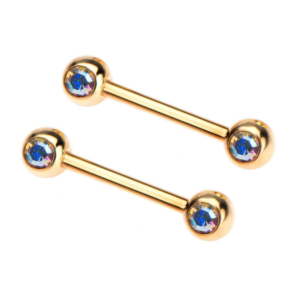 TBD-Nipple 14g 9/16" Gold PVD Nipple Barbell Forward Facing Bezel Set 5mm Double Aurora Borealis CZ's Gem -Rebel Bod-RebelBod