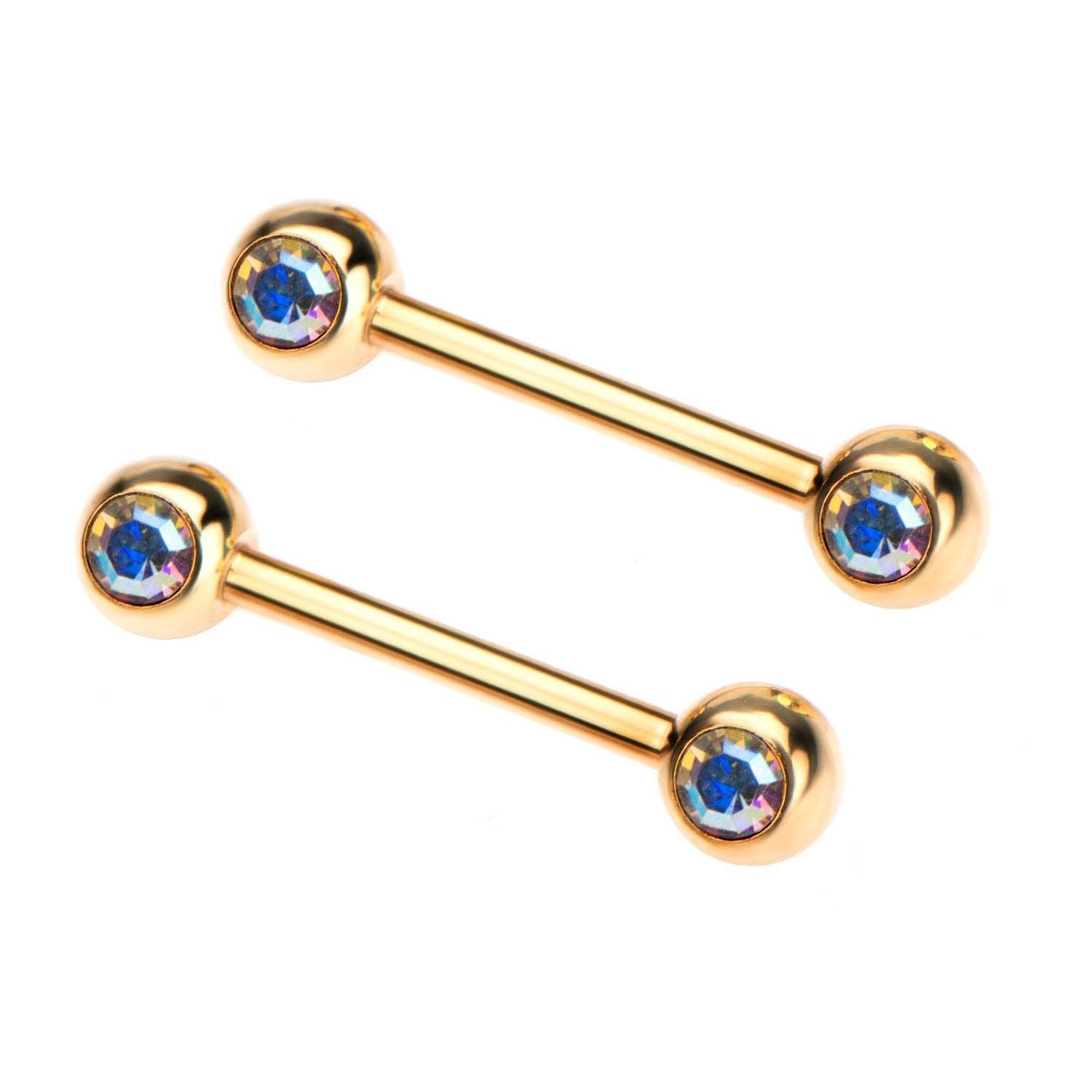 TBD-Nipple 14g 9/16" Gold PVD Nipple Barbell Forward Facing Bezel Set 5mm Double Aurora Borealis CZ's Gem -Rebel Bod-RebelBod