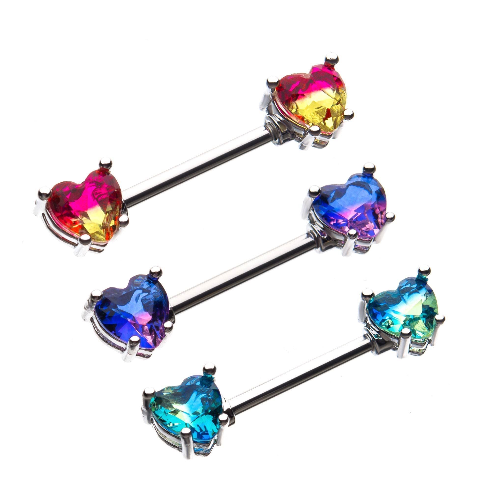 14g 9/16" Nipple Barbells w/ Forward Facing Prong Set Heart Shape CZ Gem - 1 Pair sbvnp4537s-pr