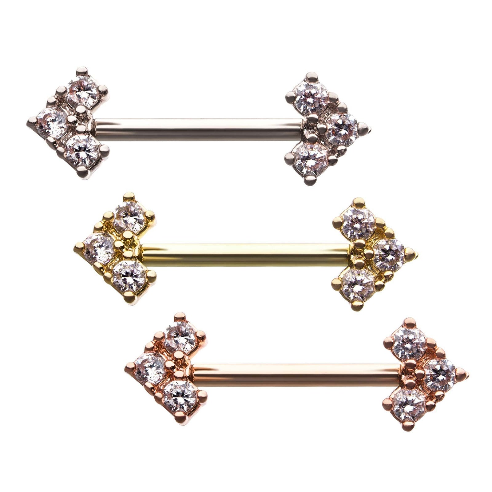 14g 9/16" Nipple Barbells Base Metal Arrow 3 Prong Set Clear CZ 2mm Gem Nipple Jewelry - 1 Pair
