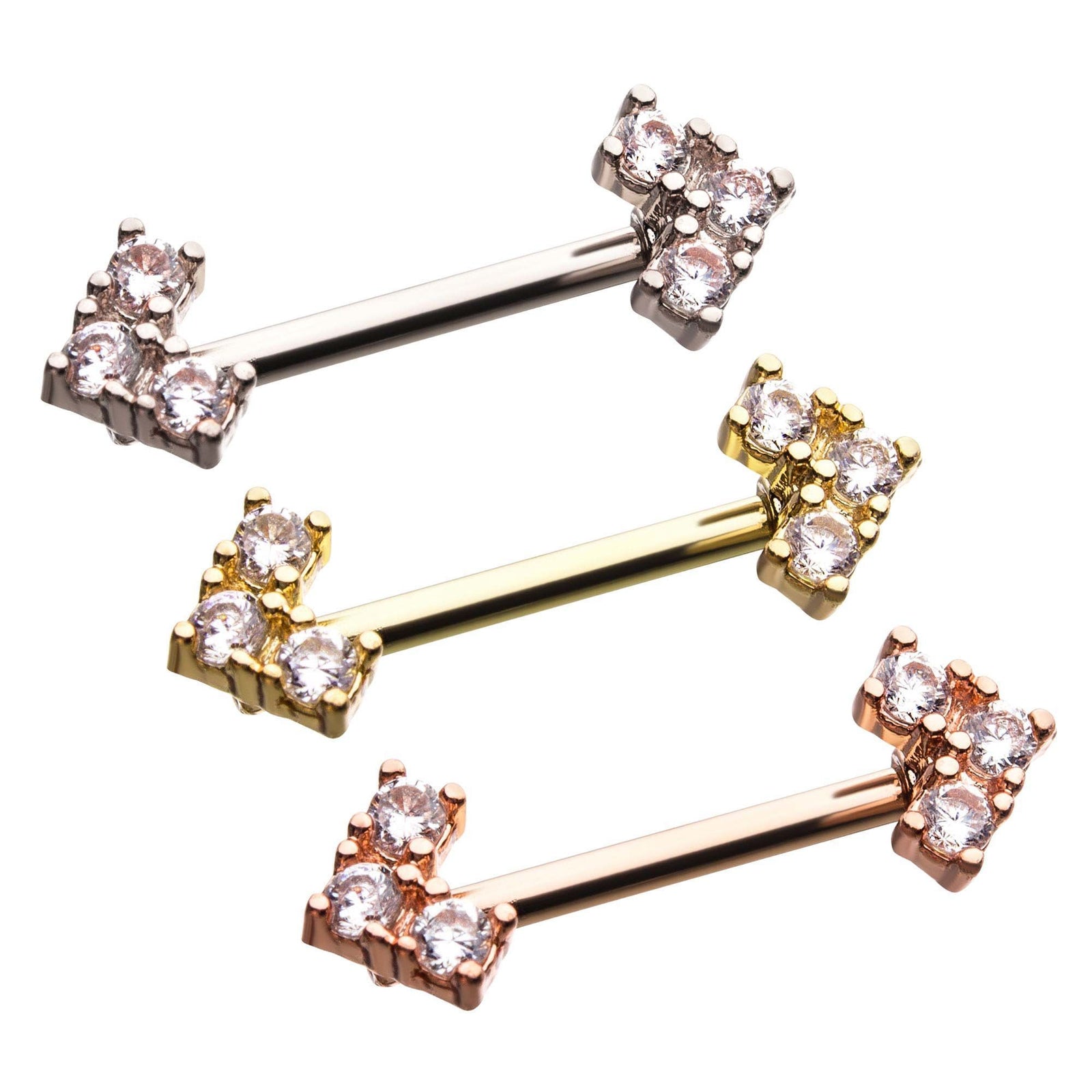 14g 9/16" Nipple Barbells Base Metal Arrow 3 Prong Set Clear CZ 2mm Gem Nipple Jewelry - 1 Pair