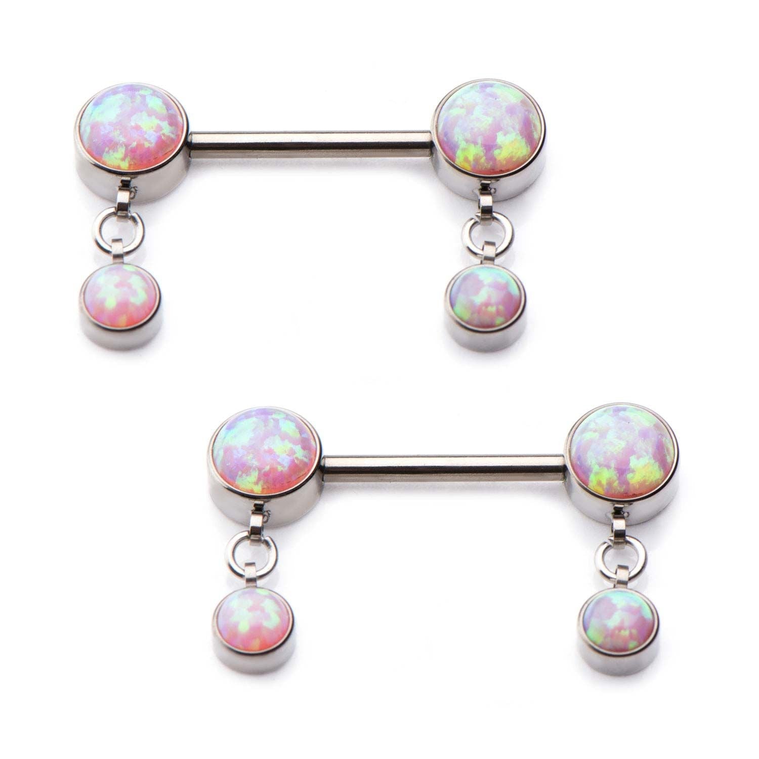 TBD-Nipple 14g 916 Implant Grade Titanium Nipple Barbell Forward Facing Bezel Set Synthetic Pink Opals Dangle -Rebel Bod-RebelBod