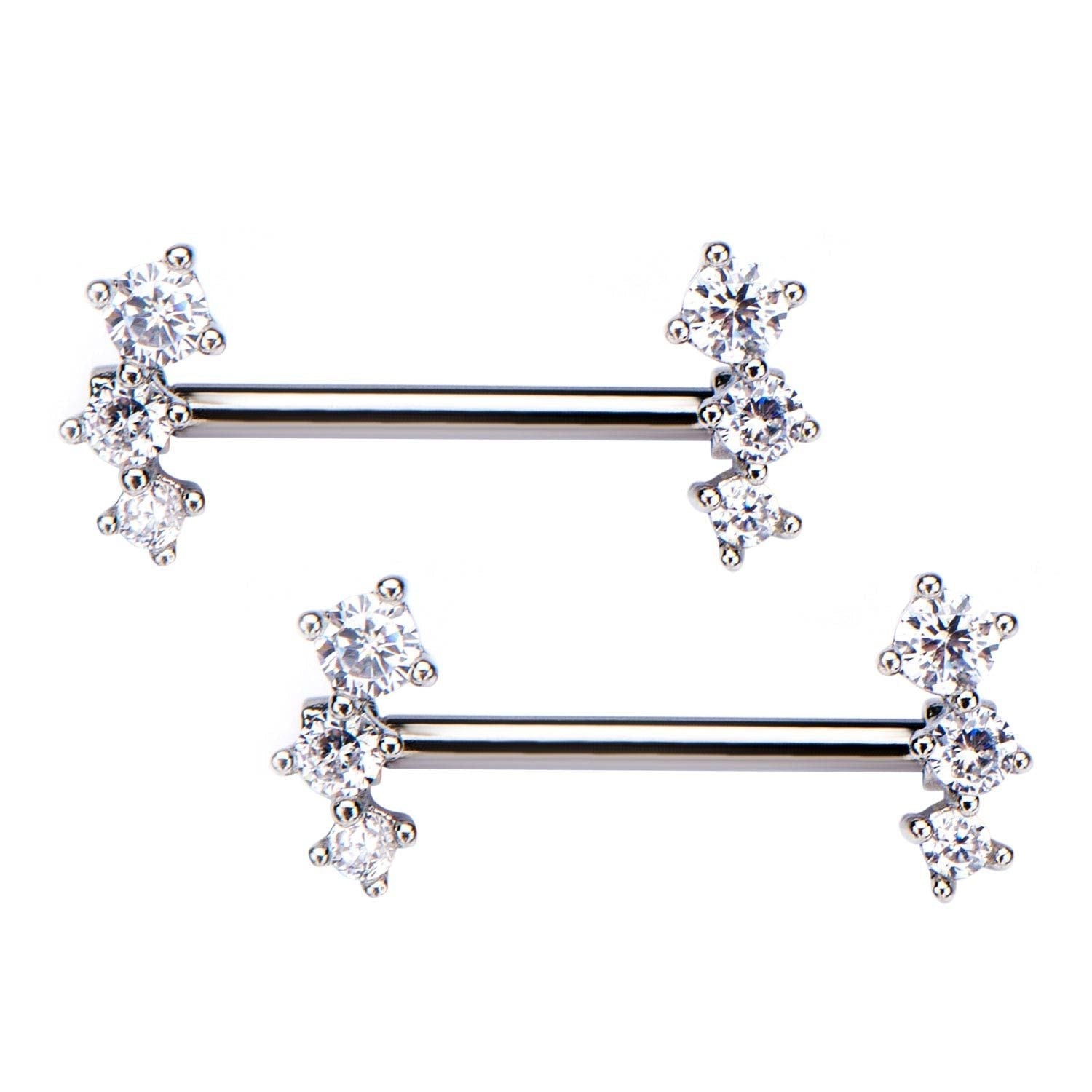 TBD-Nipple 14g 916 Surgical Steel Nipple Barbell Forward Facing 3 Clear CZ Gem -Rebel Bod-RebelBod