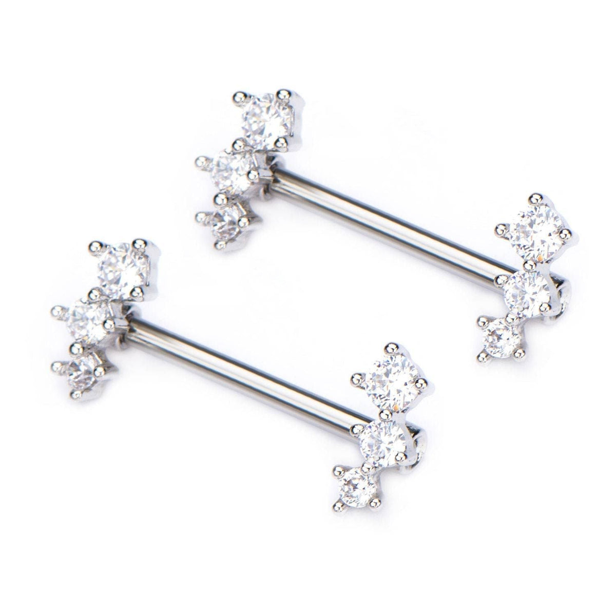 TBD-Nipple 14g 916 Surgical Steel Nipple Barbell Forward Facing 3 Clear CZ Gem -Rebel Bod-RebelBod