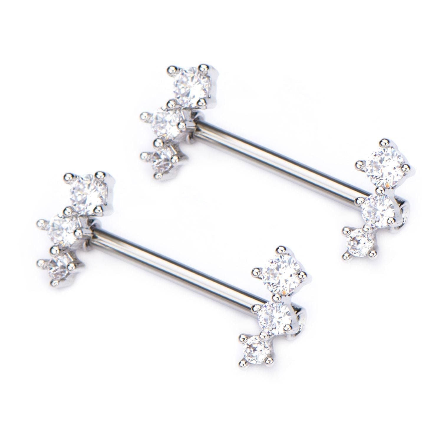 TBD-Nipple 14g 916 Surgical Steel Nipple Barbell Forward Facing 3 Clear CZ Gem -Rebel Bod-RebelBod