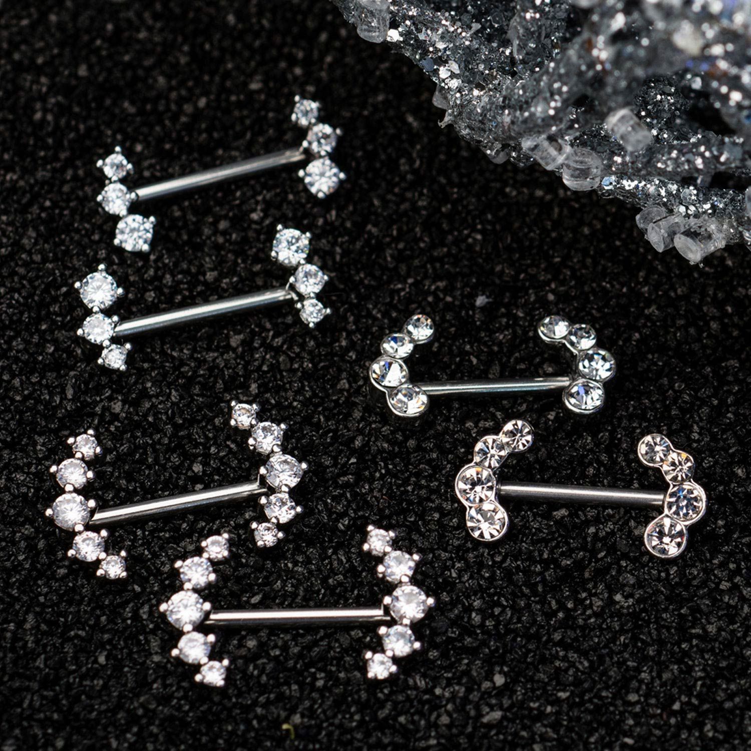 TBD-Nipple 14g 916 Surgical Steel Nipple Barbell Forward Facing 3 Clear CZ Gem -Rebel Bod-RebelBod