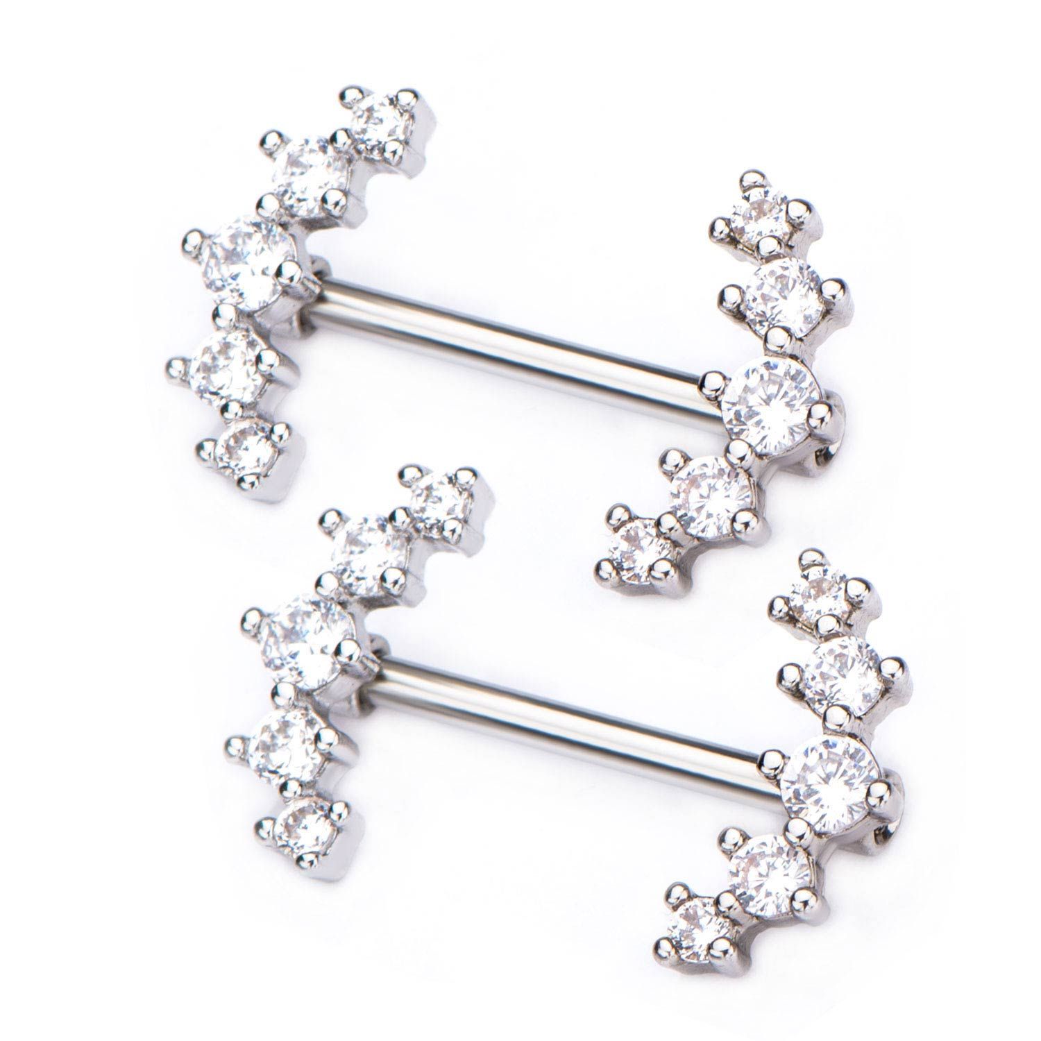 TBD-Nipple 14g 916 Surgical Steel Nipple Barbell Forward Facing 5 Clear CZ Gems -Rebel Bod-RebelBod