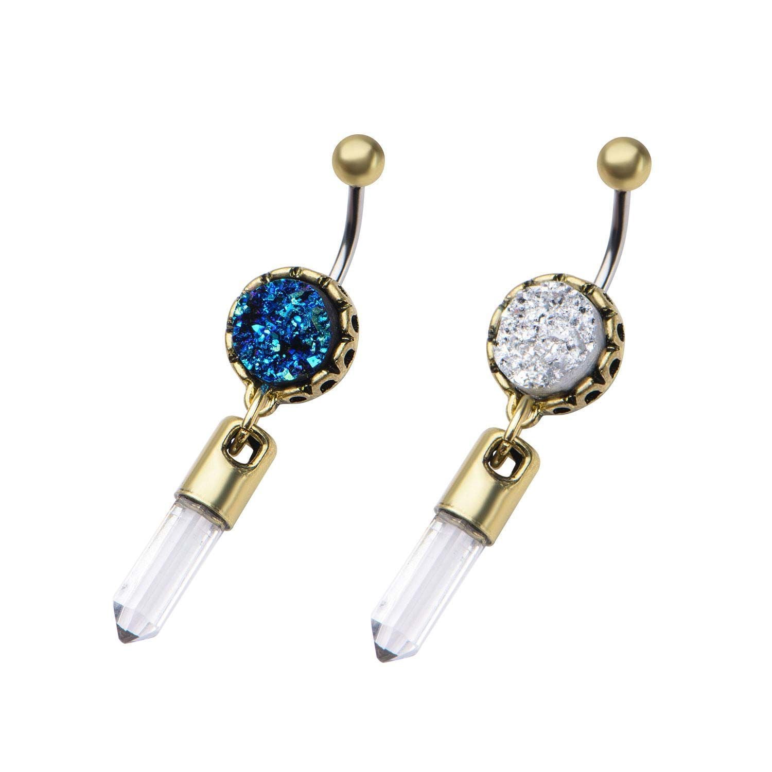 14g Gold Plated Navel Rings w/ Druzy and Crystal Pendulum Dangle Charm. sbvnsdrz1