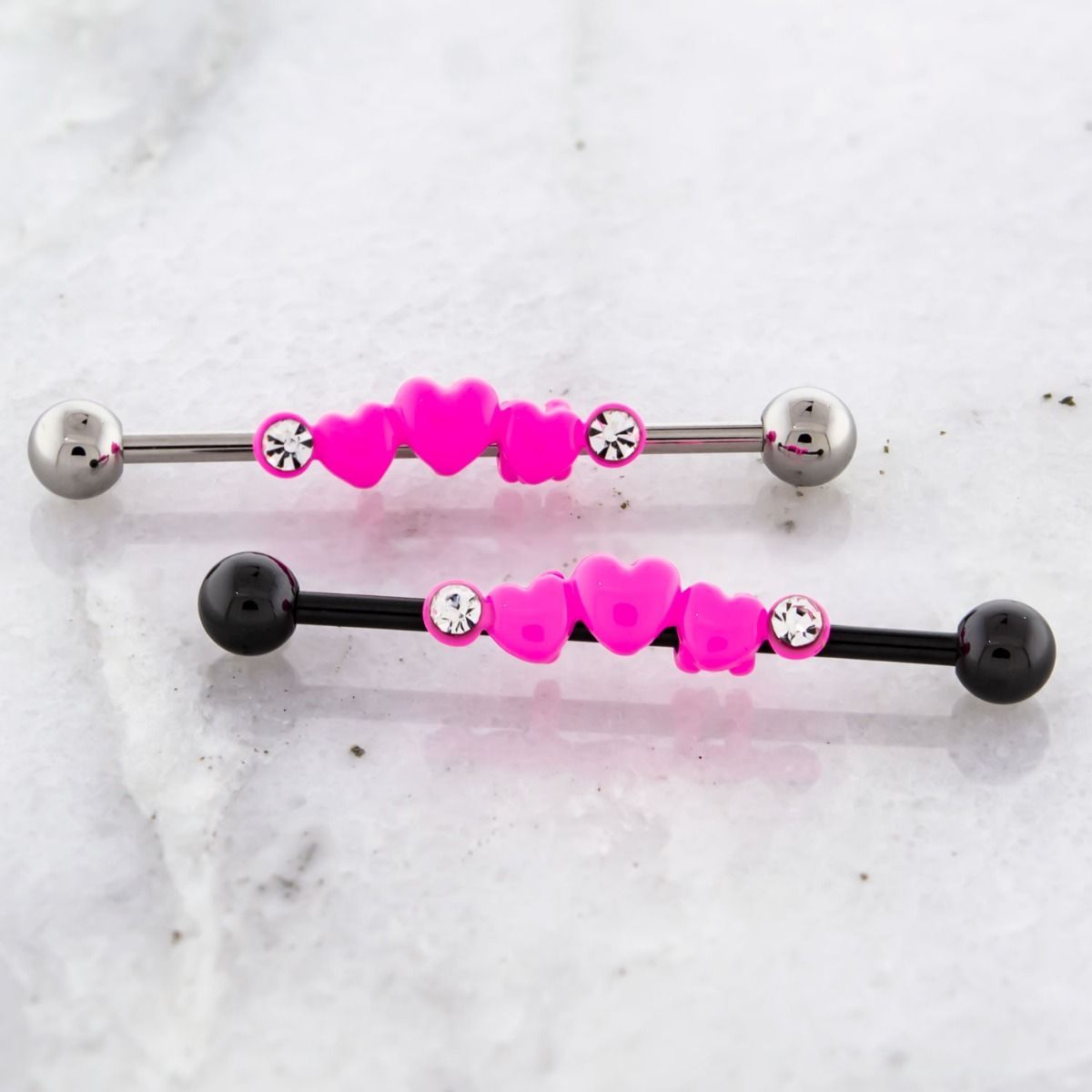 STRAIGHT BARBELL 14g  Industrial Barbell With Adjustable Pink Hearts With Clear Gems. - 1 Piece -Rebel Bod-RebelBod