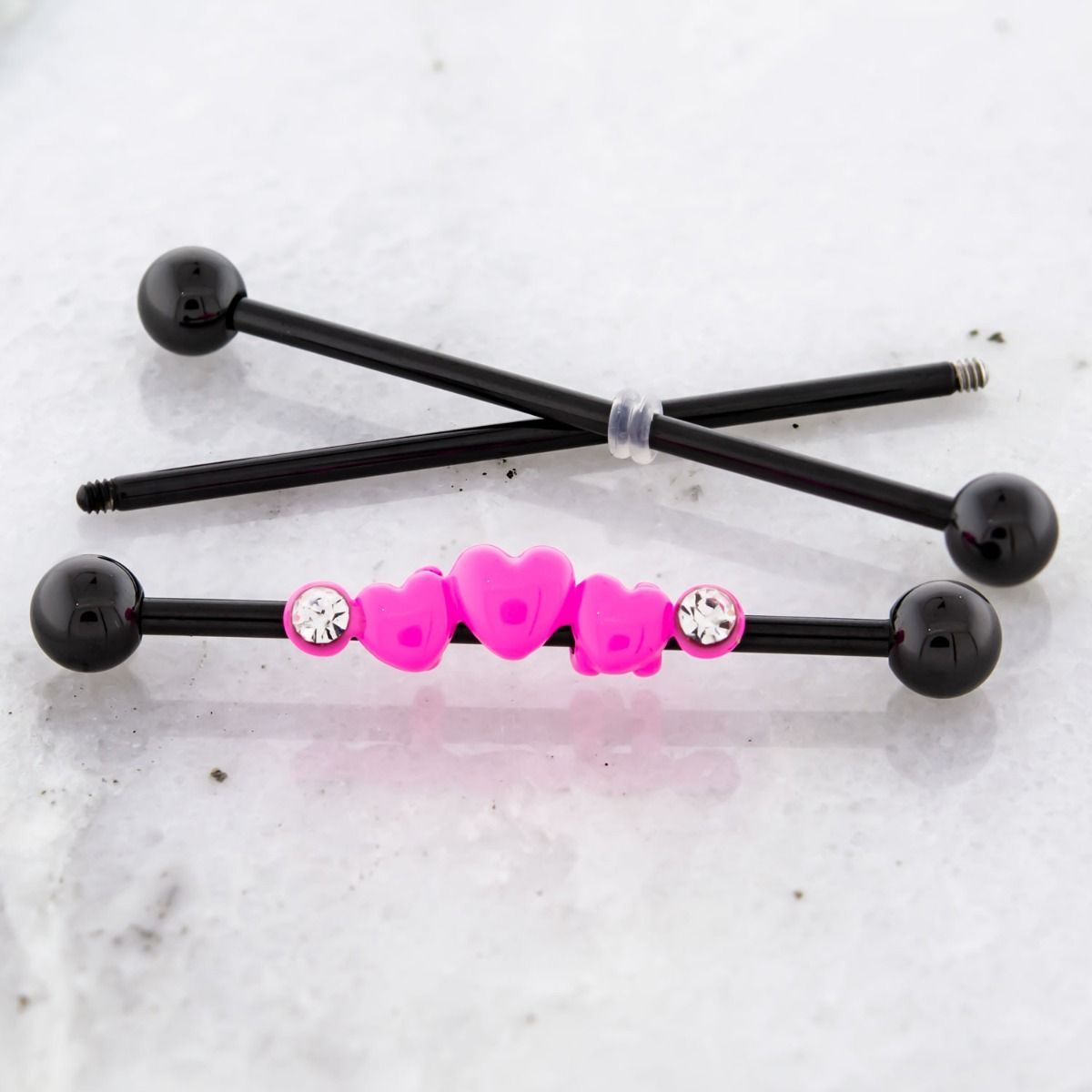 STRAIGHT BARBELL 14g  Industrial Barbell With Adjustable Pink Hearts With Clear Gems. - 1 Piece -Rebel Bod-RebelBod