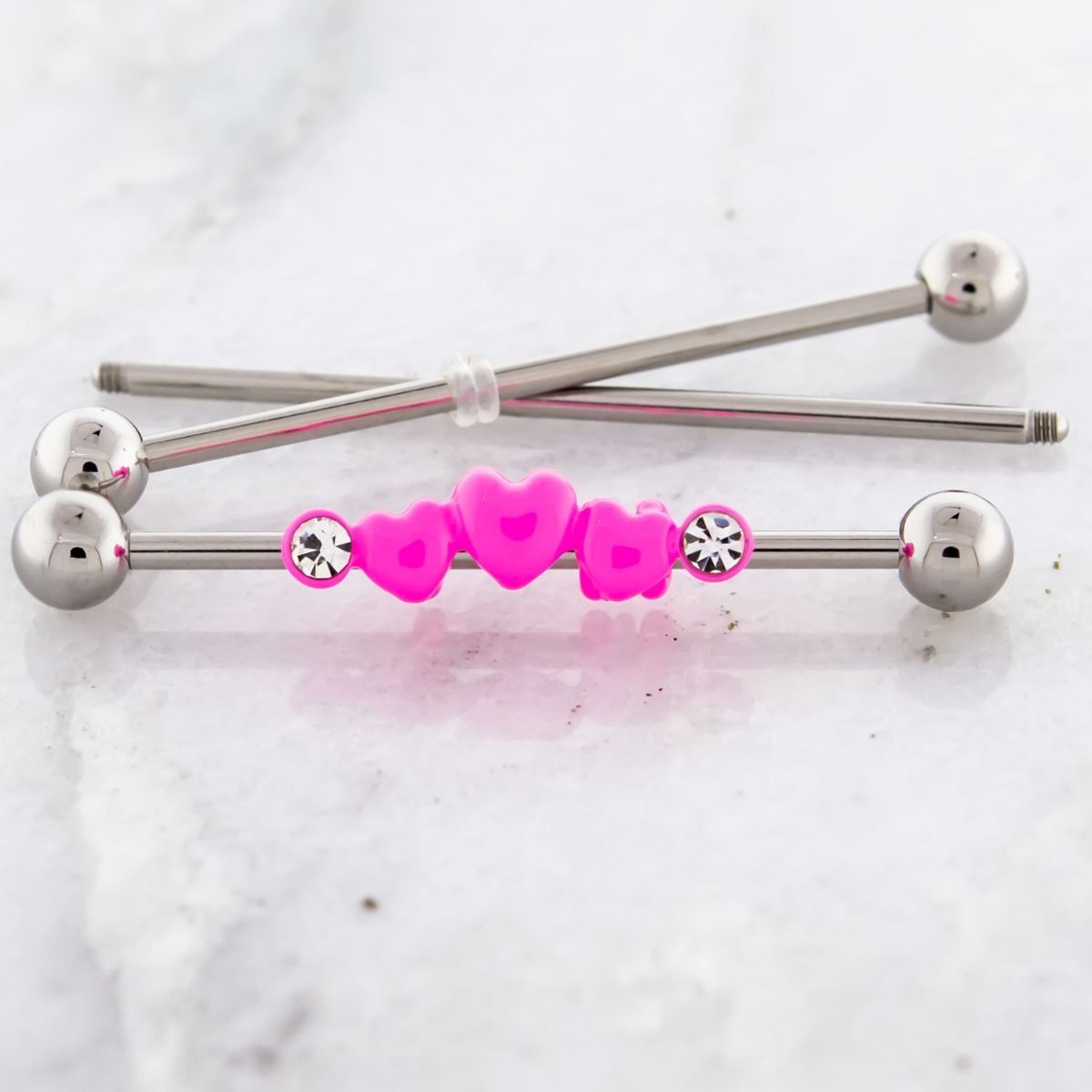 STRAIGHT BARBELL 14g  Industrial Barbell With Adjustable Pink Hearts With Clear Gems. - 1 Piece -Rebel Bod-RebelBod