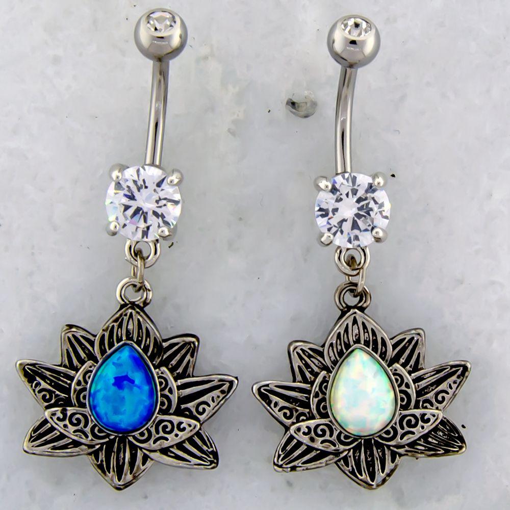 Belly Ring - No Dangle 14g Lotus Belly Ring With Opal Center - 1 Piece -Rebel Bod-RebelBod