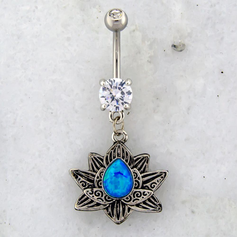 Belly Ring - No Dangle 14g Lotus Belly Ring With Opal Center - 1 Piece -Rebel Bod-RebelBod