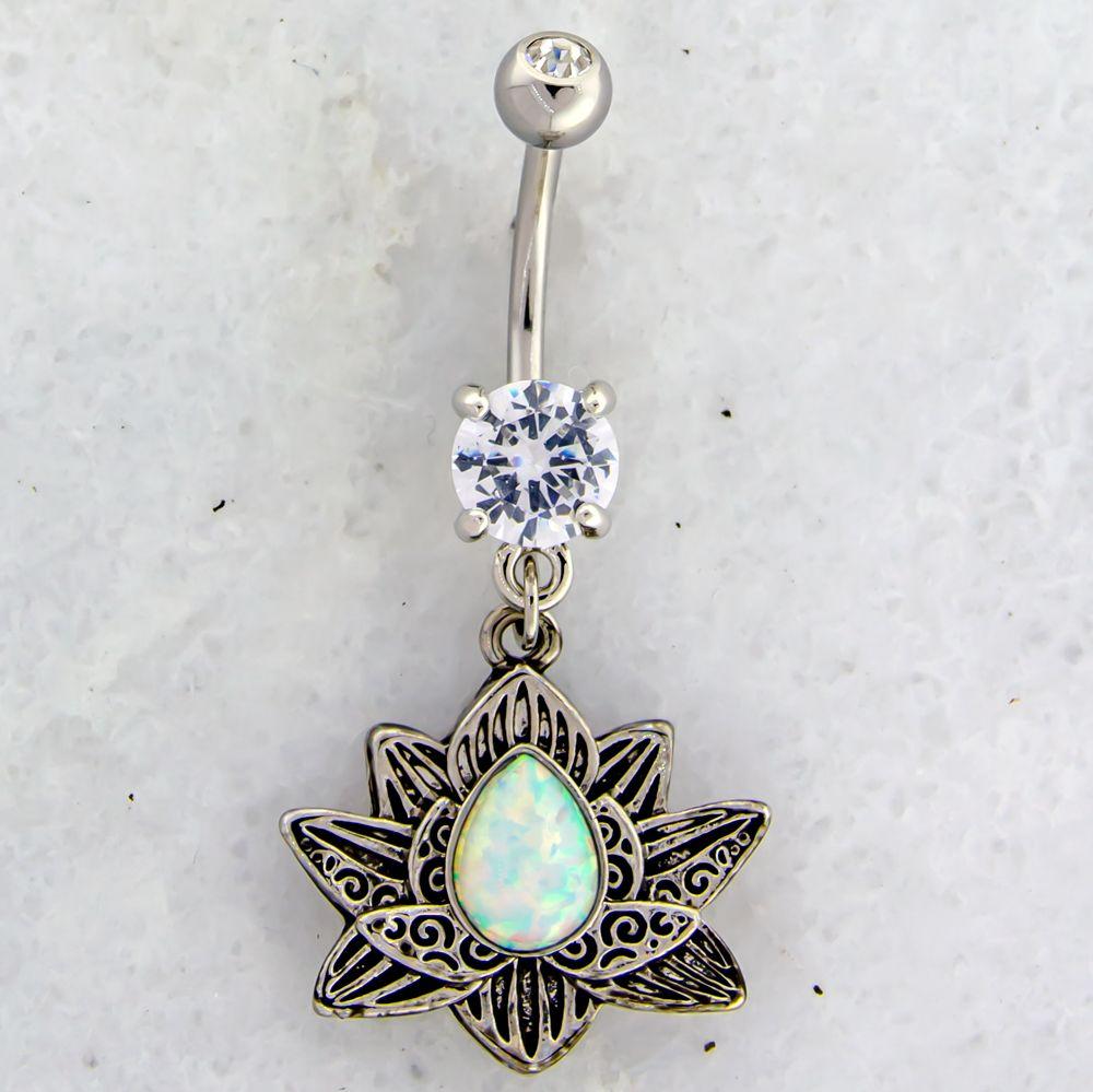 Belly Ring - No Dangle 14g Lotus Belly Ring With Opal Center - 1 Piece -Rebel Bod-RebelBod