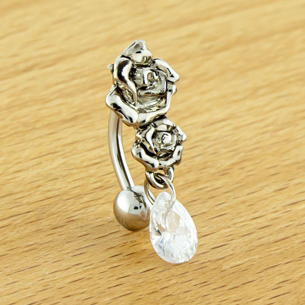 Belly Ring - No Dangle 14g Top Drop Navel Ring W/ Antique Roses &amp; Tear Drop Swarovski - 1 Piece -Rebel Bod-RebelBod