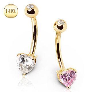 14K Gold Belly Ring Prong Set Heart CZ