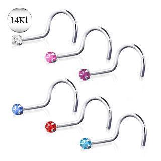 14K White Gold Screw Nose Ring Prong Setting Gem