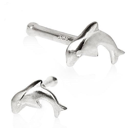 Nose Ring - Nose Studs 14K White Gold Stud Nose Ring with a Dolphin -Rebel Bod-RebelBod