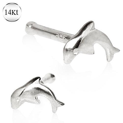Nose Ring - Nose Studs 14K White Gold Stud Nose Ring with a Dolphin -Rebel Bod-RebelBod