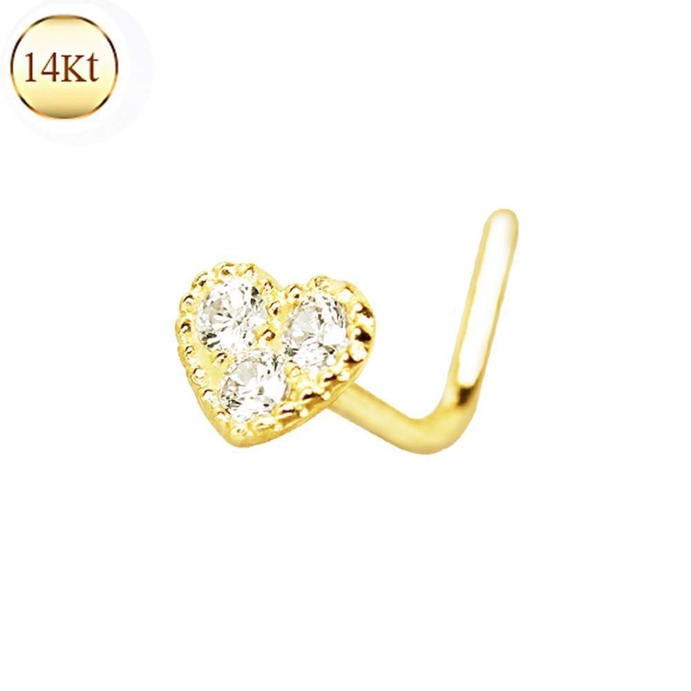 Nose Ring - L-Shaped Nose Ring 14K Yellow Gold Clear CZ Heart L-Bend Nose Ring -Rebel Bod-RebelBod