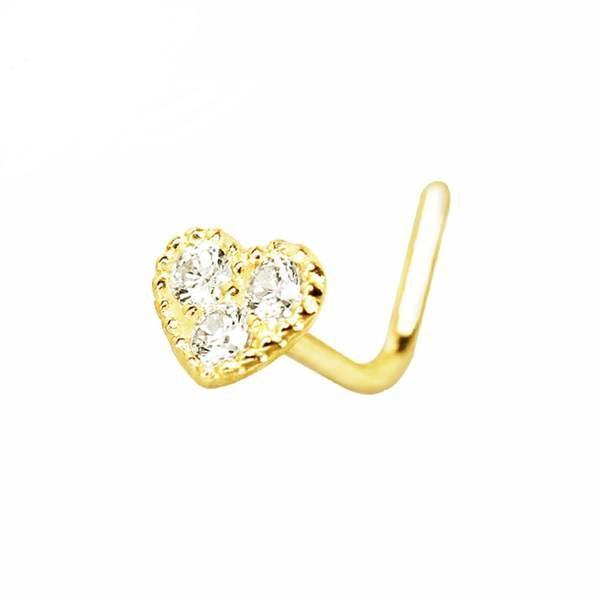 Nose Ring - L-Shaped Nose Ring 14K Yellow Gold Clear CZ Heart L-Bend Nose Ring -Rebel Bod-RebelBod