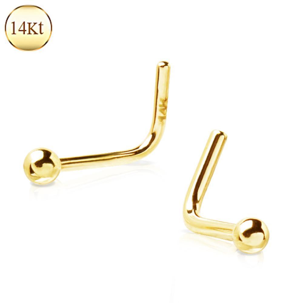 Nose Ring - L-Shaped Nose Ring 14K Yellow Gold L Bend Nose Ring with a Ball -Rebel Bod-RebelBod