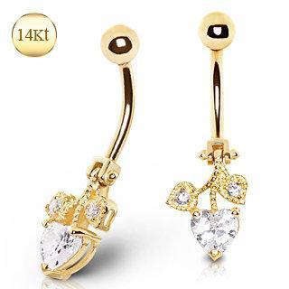 14K Gold Belly Ring 3 Heart Gems