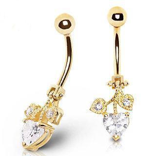 14K Gold Belly Ring 3 Heart Gems